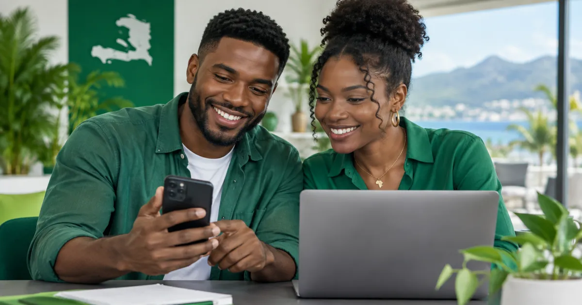 Des jeunes haïtiens souriants consultent l'application swapLajan sur un téléphone
