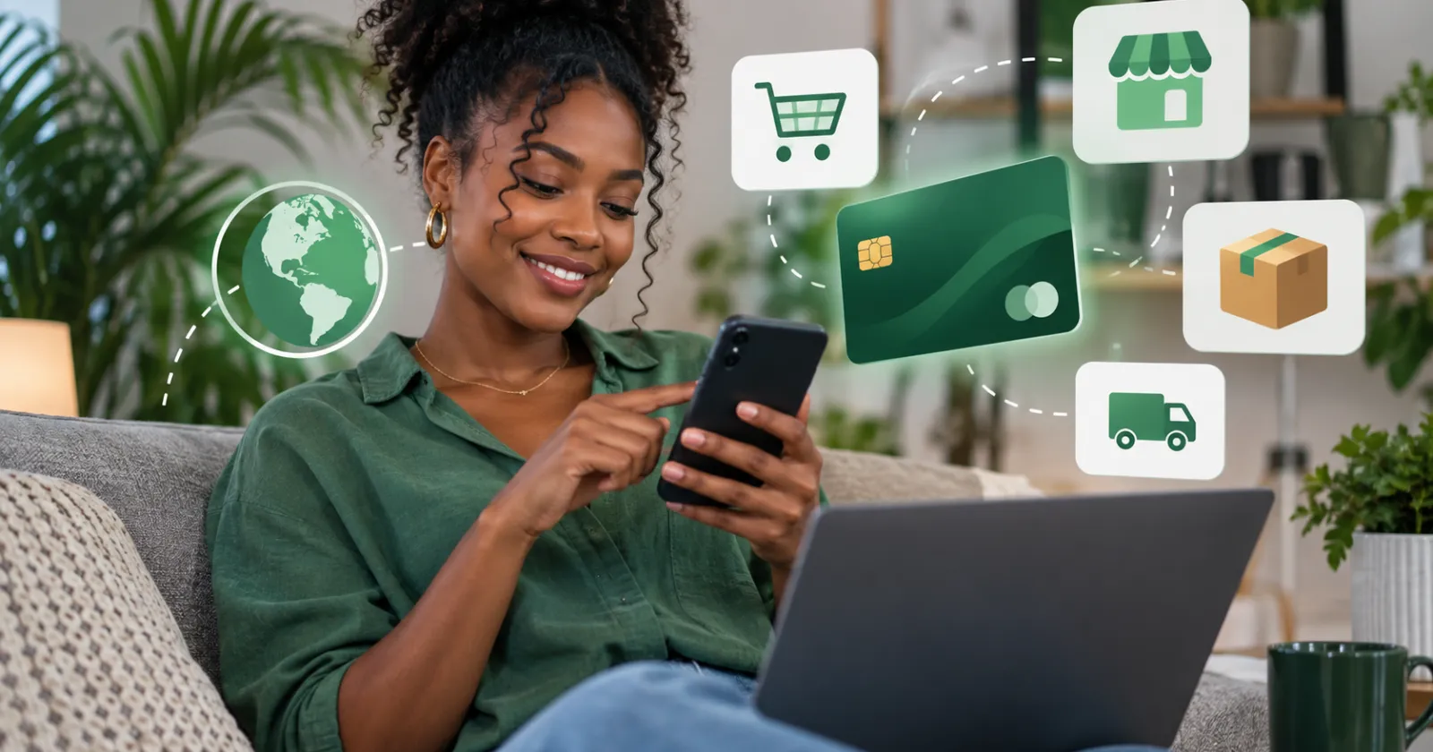 Une femme achète en ligne depuis son canapé, entourée d'icônes de panier, de boutique et de livraison