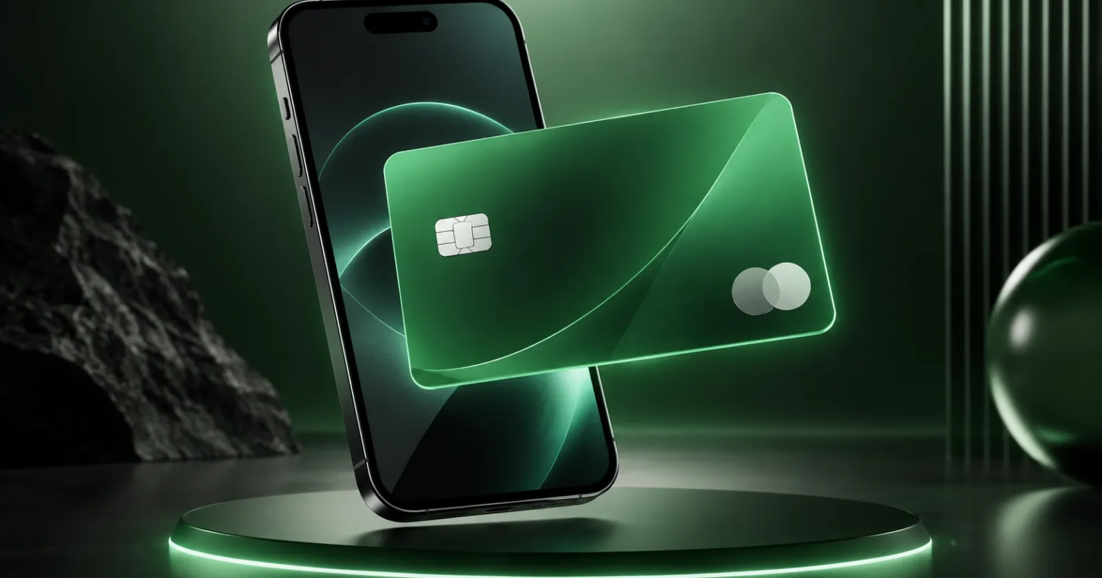 Une carte virtuelle verte flottant devant un smartphone sur un socle lumineux