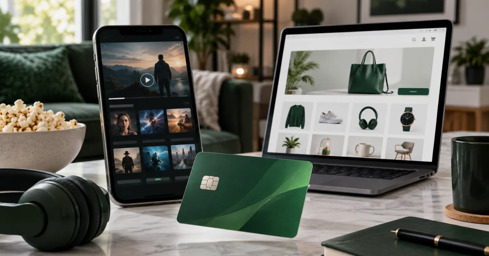 Un téléphone qui affiche du streaming, un ordinateur de boutique en ligne et une carte virtuelle posée sur un bureau