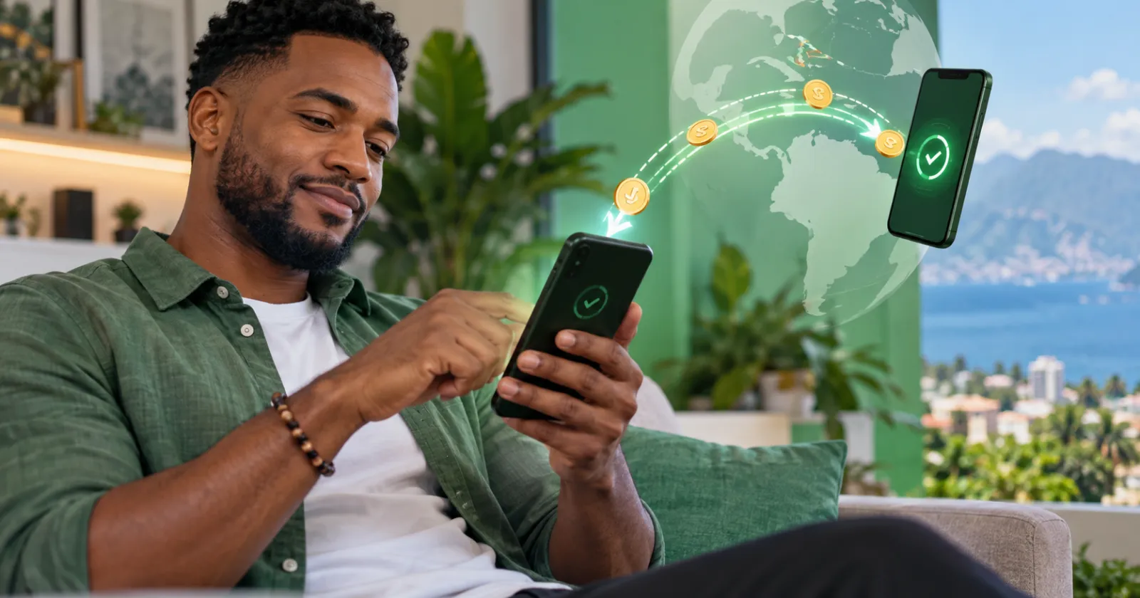 Un homme envoie de l'argent depuis son téléphone, avec un globe et des pièces lumineuses