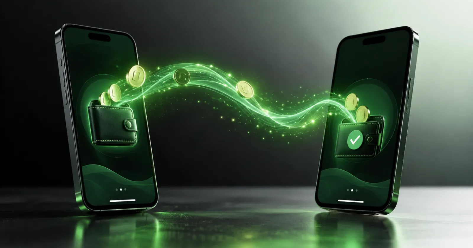 Deux téléphones reliés par un flux lumineux vert symbolisant un transfert entre MonCash et NatCash