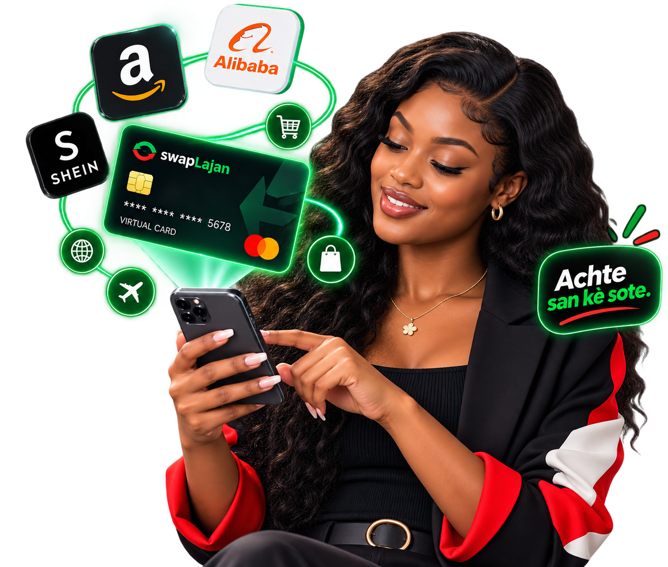Une cliente achète en ligne avec sa carte virtuelle swapLajan : Amazon, Alibaba, Shein